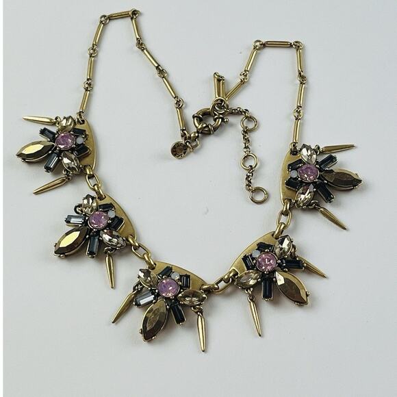 J. Crew Gold Tone Rhinestones Pink Spike Dangles Necklace Smoky Black White Flor - Picture 4 of 16